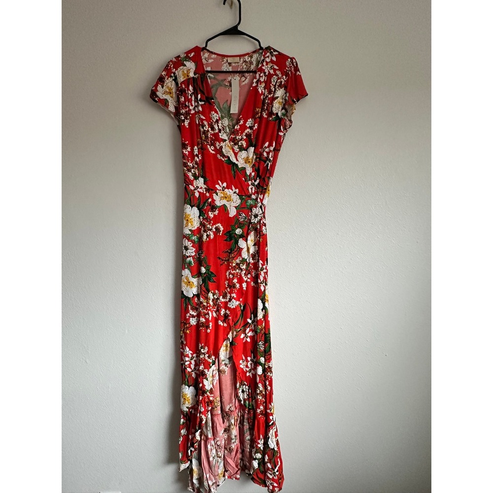 Sukiso Red Floral Wrap Maxi Dress Short Sleeve Ruffle High Low NWT